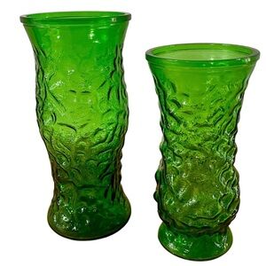 Hoosier Glass Crinkle Green Vases 70’s Textured Swirl & Ribbon Mid-Century Pair